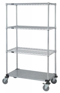 Quantum Storage Systems Mobile Shelf Carts with Three Wire and One Solid Shelves - 18"w x 36"L x 69"H Mobile Cart with 1 Solid and 3 Wire Shelves - M1836CG46