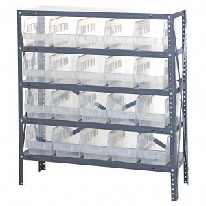 Quantum Storage Systems 18" Deep Steel Shelving Kits with Clear Bins - Steel Shelving Kit with 20 Clear Bins, 36" W x 18" D x 39" H - 1839-204CL