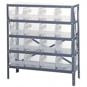 Quantum Storage Systems 18" Deep Steel Shelving Kits with Clear Bins - Steel Shelving Kit with 16 Clear Bins, 36" W x 18" D x 39" H - 1839-208CL