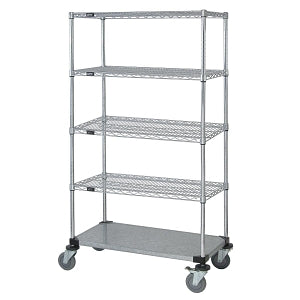 Quantum Storage Systems Mobile Shelf Carts with Four Wire and One Solid Shelves - 24"W x 60"L x 80"H Mobile Cart with 1 Solid and 4 Wire Shelves - M2460CG47-5