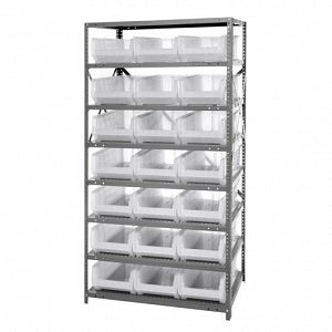 Quantum Storage Systems Steel Shelving System with Shelves and Clear Hulk Bins - 24" x 36" x 75" Steel Shelving System with 8 Shelves and 21 Clear Hulk Bins - 2475-952CL