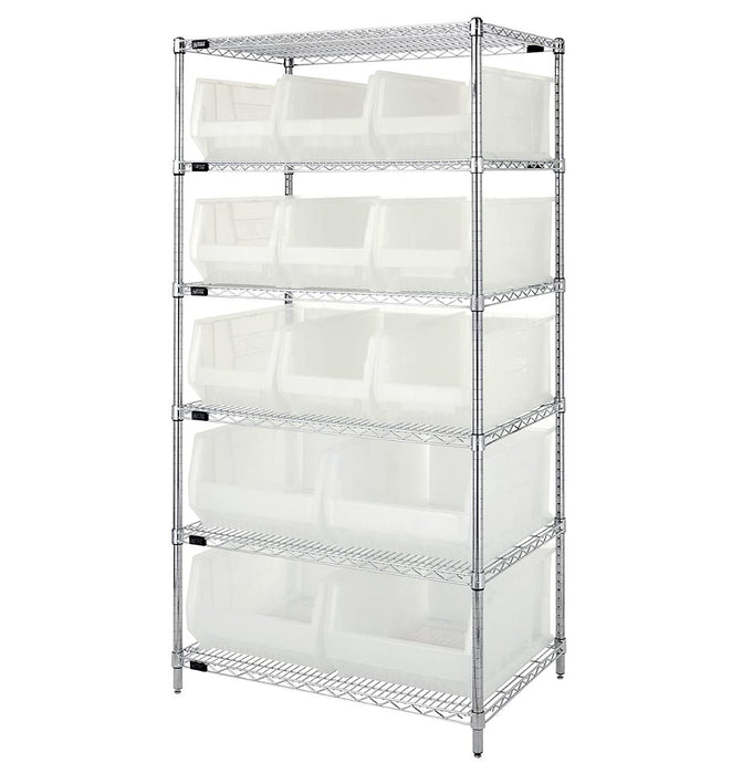 Quantum Storage Systems Clear-View Hulk 24" Containers and Wire Shelving Systems - 24" x 36" x 74" Chrome Shelving Unit with 13 Clear-View Hulk Bins - WR6-953954CL