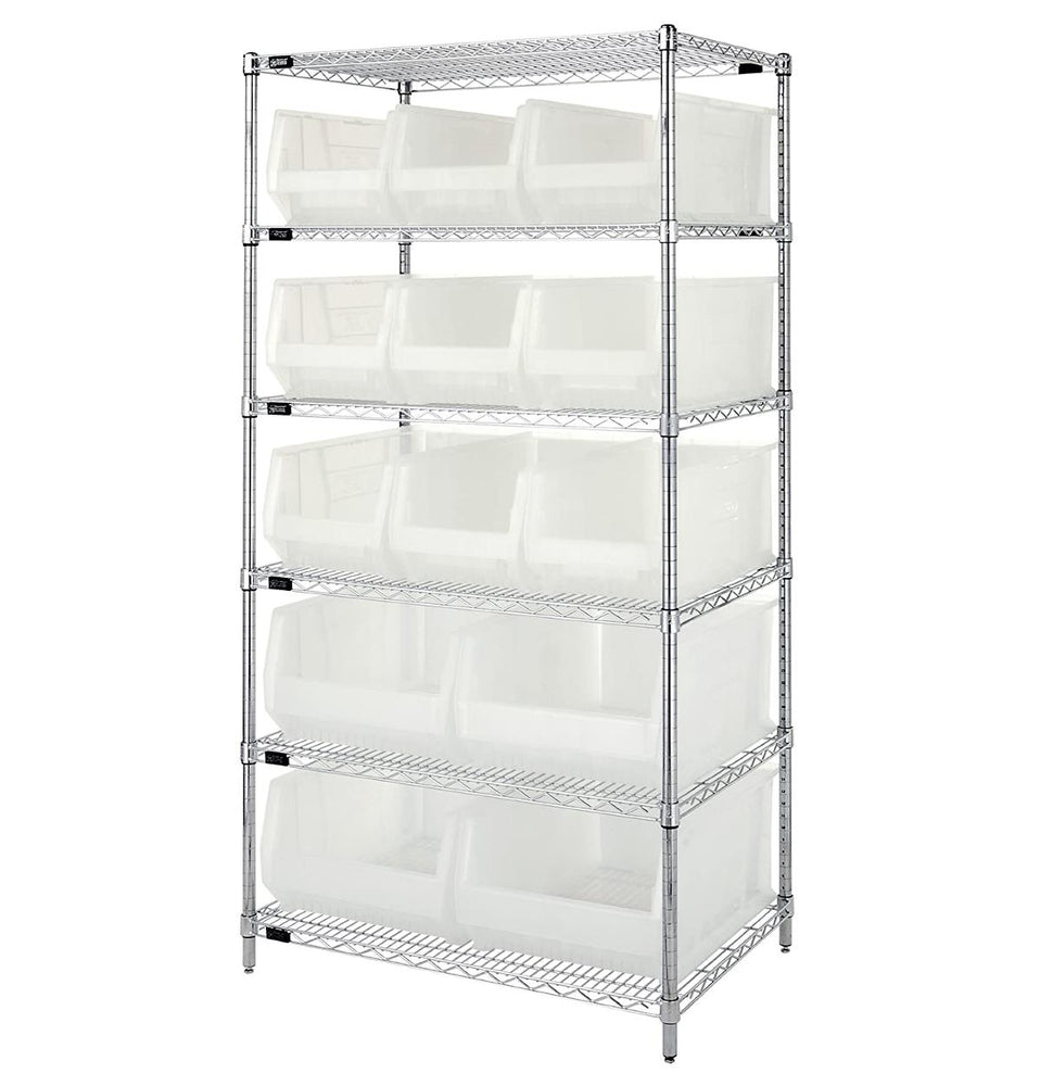 Quantum Storage Systems Clear-View Hulk 24" Containers and Wire Shelving Systems - 24" x 36" x 74" Chrome Shelving Unit with 13 Clear-View Hulk Bins - WR6-953954CL