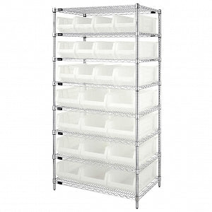 Quantum Storage Systems Clear-View Hulk 24" Containers and Wire Shelving Systems - 24" x 36" x 74" Chrome Shelving Unit with 24 Clear-View Hulk Bins - WR8-950952CL