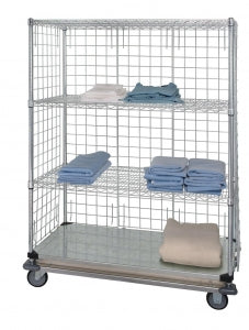 Quantum Storage Three-Sided Linen Carts - 3-Sided 24" x 36" x 70" Linen Cart with 3 Wire Shelves, 1 Solid Shelf and Dolly Base - WRDBS4632436EP