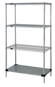 Quantum Storage Systems Stainless Steel Wire Shelving Units - Stainless Steel Wire Shelving Unit with 3 Wire Shelves and 1 Solid Shelf, 24" x 36" x 63" - WR63S-2436SS