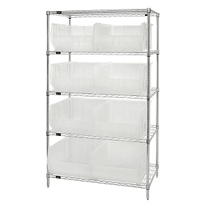 Quantum Storage Systems Clear-View Hulk 24" Containers and Wire Shelving Systems - 24" x 42" x 74" Chrome Shelving Unit with 8 Clear-View Hulk Bins - WR5-955CL