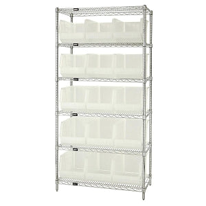 Quantum Storage Systems Clear-View Ultra Stack and Hang Bins and Wire Shelving Systems - 18" x 36" x 74" Wire Shelving with 6 Shelves and 15 Clear-View Ultra Stack-and-Hang Bins - WR6-260CL