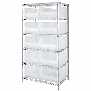 Quantum Storage Systems Clear-View Hulk 24" Containers and Wire Shelving Systems - 24" x 36" x 74" Chrome Shelving Unit with 10 Clear-View Hulk Bins - WR6-954CL