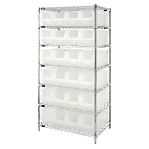 Quantum Storage Systems Clear-View Hulk 24" Containers and Wire Shelving Systems - 24" x 36" x 74" Chrome Shelving Unit with 24 Clear-View Hulk Bins - WR7-951CL