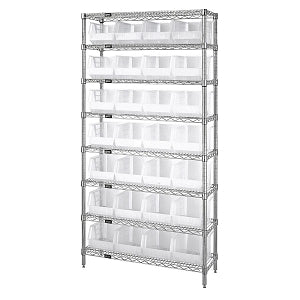 Quantum Storage Systems Clear-View Ultra Stack and Hang Bins and Wire Shelving Systems - 12" x 36" x 74" Wire Shelving with 8 Shelves and 28 Clear-View Ultra Stack-and-Hang Bins - WR8-239CL