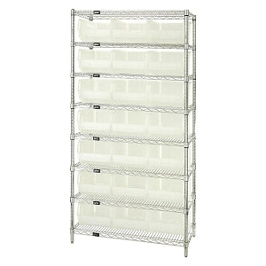 Quantum Storage Systems Clear-View Ultra Stack and Hang Bins and Wire Shelving Systems - 18" x 36" x 74" Wire Shelving with 8 Shelves and 21 Clear-View Ultra Stack-and-Hang Bins - WR8-255CL