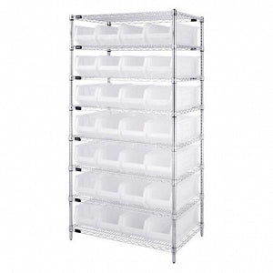 Quantum Storage Systems Clear-View Hulk 24" Containers and Wire Shelving Systems - 24" x 36" x 74" Chrome Shelving Unit with 28 Clear-View Hulk Bins - WR8-950CL