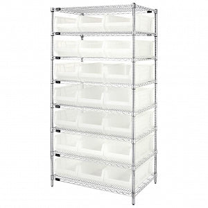 Quantum Storage Systems Clear-View Hulk 24" Containers and Wire Shelving Systems - 24" x 36" x 74" Chrome Shelving Unit with 21 Clear-View Hulk Bins - WR8-952CL