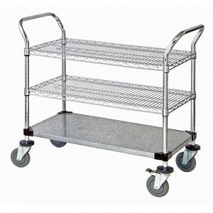 Quantum Storage Systems Chrome Wire Utility Carts - Mobile Utility Cart, 2 Wire Shelves, 1 Solid Shelf, 18" W x 42" L x 37.5" H - WRC-1842-3CG