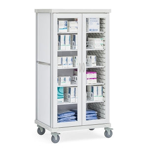 Solaire Medical Roam 2 Carts with Glass Doors - Roam 2 Cart with Glass Doors and 5 Shelves, White, 40.75" W x 28.75" D x 75.25" H - SR2GDS