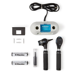 Riester Diagnostic Desk Sets - Otoscope / Ophthalmoscope Set with LED EliteVue Premium Otoscope and LED L2 Ophthalmoscope, 2 C Handles, 2 Rechargeable Li-ion Batteries, 3.5V - 2212203.002