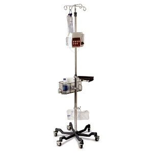 Medline Stainless Steel Six Leg Heavy Duty IV Pole - Stainless Steel 6-Leg Heavy-Duty IV Pole with Quick Release Casters, 4 Hook, 73" to 99-1/5" H, Black Base - MDS80600BLK