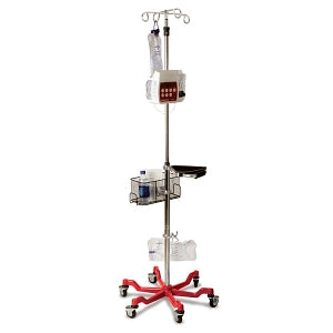 Medline Stainless Steel Six Leg Heavy Duty IV Pole - Stainless Steel 6-Leg Heavy-Duty IV Pole with Quick Release Casters, 4 Hook, 73" to 99-1/5" H, Red Base - MDS80600RED