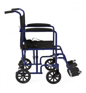 Medline Aluminum Transport Chair with 8" Wheels - Basic Aluminum Transport Chair with Permanent Full-Length Armrests, Detachable Footrests and 8" Wheels, 300 lb. Capacity, 18" W, Blue - MDS808200ABE