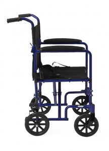 Medline Aluminum Transport Chair with 8" Wheels - Basic Aluminum Transport Chair with Permanent Full-Length Armrests, Detachable Footrests and 8" Wheels, 300 lb. Capacity, 18" W, Blue - MDS808200ABE