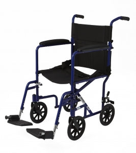 Medline Aluminum Transport Chair with 8" Wheels - Basic Aluminum Transport Chair with Permanent Full-Length Armrests, Detachable Footrests and 8" Wheels, 300 lb. Capacity, 18" W, Blue - MDS808200ABE