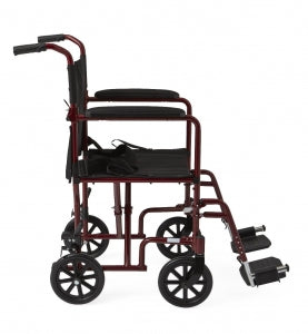 Medline Aluminum Transport Chair with 8" Wheels - Basic Aluminum Transport Chair with Permanent Full-Length Armrests, Detachable Footrests and 8" Wheels, 300 lb. Capacity, 18" W, Red - MDS808200ARE