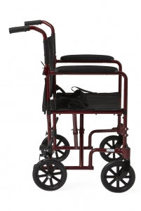 Medline Aluminum Transport Chair with 8" Wheels - Basic Aluminum Transport Chair with Permanent Full-Length Armrests, Detachable Footrests and 8" Wheels, 300 lb. Capacity, 18" W, Red - MDS808200ARE