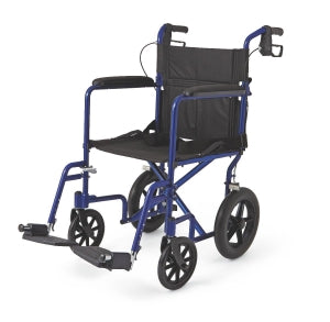 Medline Aluminum Transport Chair with 12" Wheels - Basic Aluminum Transport Chair with Permanent Full-Length Arms, Swing-Away Footrests and 12" Wheels, Blue - MDS808210ABE