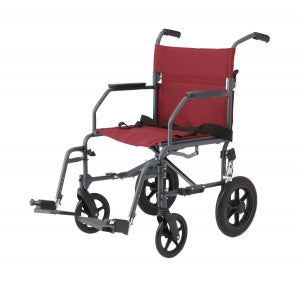 Medline Aluminum Transport Chair with 12" Wheels - Basic Aluminum Transport Chair with Permanent Full-Length Arms, Swing-Away Footrests and 12" Wheels, Gray and Burgundy - MDS808210KDR