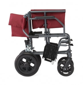 Medline Aluminum Transport Chair with 12" Wheels - Basic Aluminum Transport Chair with Permanent Full-Length Arms, Swing-Away Footrests and 12" Wheels, Gray and Burgundy - MDS808210KDR