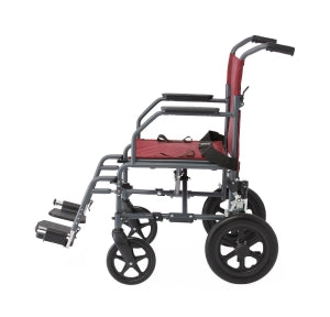 Medline Aluminum Transport Chair with 12" Wheels - Basic Aluminum Transport Chair with Permanent Full-Length Arms, Swing-Away Footrests and 12" Wheels, Gray and Burgundy - MDS808210KDR