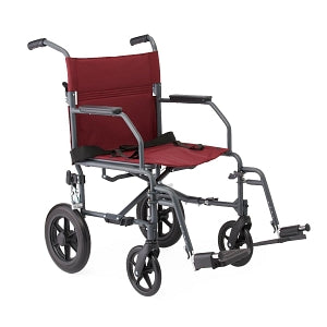 Medline Aluminum Transport Chair with 12" Wheels - Basic Aluminum Transport Chair with Permanent Full-Length Arms, Swing-Away Footrests and 12" Wheels, Gray and Burgundy - MDS808210KDR