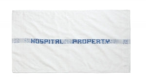 Medline Hospital or VA Property Cotton Terry Bath Towels - Bath Towel, White with Blue Center Stripe, "Hospital Property", 100% Cotton, 20" x 40", 5 lb./doz. - MDTBT3C50HOSR