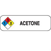 Chemical Hazard Labels ACETONE" - White with black text and NFPA hazard diamond - 2.5"W x 0.75"H