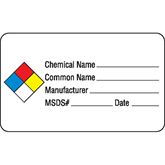 Chemical Hazard Labels Chemical Name__, Common Name__, Manufacturer__, MSDS___, Date__" - White with black text and NFPA hazard diamond - 2.5"W x 1.5"H