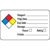 Chemical Hazard Labels Reagent__, Prep Date__, Exp Date__, Storage__, Initials__" - White with black text and NFPA hazard diamond - 2.5"W x 1.5"H