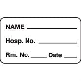 Phlebotomy/Specimen Receiving Labels NAME__ Hosp. No.__ Rm. No.__ Date__" - White with black text - 1.75"W x 1"H