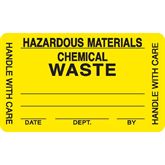 Caution Labels HAZARDOUS MATERIALS CHEMICAL WASTE HANDLE WITH CARE" - Yellow with black text and blank areas to be filled in - 2.5"W x 1.5"H