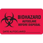 Biohazard Warning Labels BIOHAZARD AUTOCLAVE BEFORE DISPOSAL" - Includes area for date - Red with Black Text - 2.5"W x 1.5"H