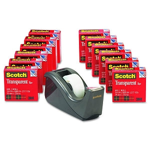 3M Scotch Transparent Tape - Transparent Tape Dispenser Value Pack, 1" Core, Transparent, 12/Pack - 600K-C60