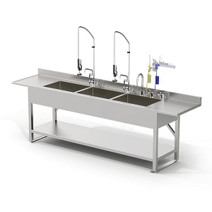 Mac Medical Stationary Pipe Base Processing Sinks - Stationary Processing Sink with Triple Basin, Accessories and Pipe Base - PS2612037-1-1-3-11