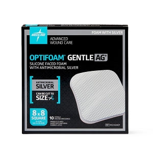 Medline Optifoam Gentle Silicone and Antimicrobial Silver Foam Dressings - Optifoam Gentle Silicone-Faced Foam Dressing with Antimicrobial Silver, 8" x 8", in Educational Packaging - MSC9588EP