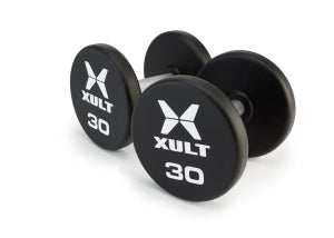 Johnson Health Tech XULT Urethane Round Dumbbells - XULT Urethane Round Dumbbell Pair, Black Plus, 100 lb. - XT-100URE-RND-P