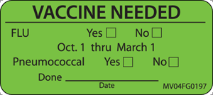 Label Paper Removable Vaccine Needed Flu 1" Core 2 1/4" X 1 Fl. Green 420 Per Roll