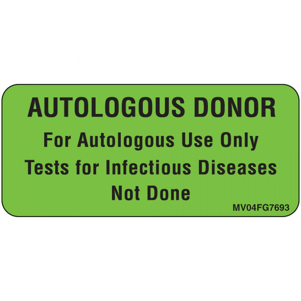 Label Paper Removable Autologous Donor For 1" Core 2 1/4" X 1 Fl. Green 420 Per Roll