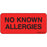 Label Paper Permanent No Known Allergies 1" Core 2 1/4" X 1 Fl. Red 420 Per Roll