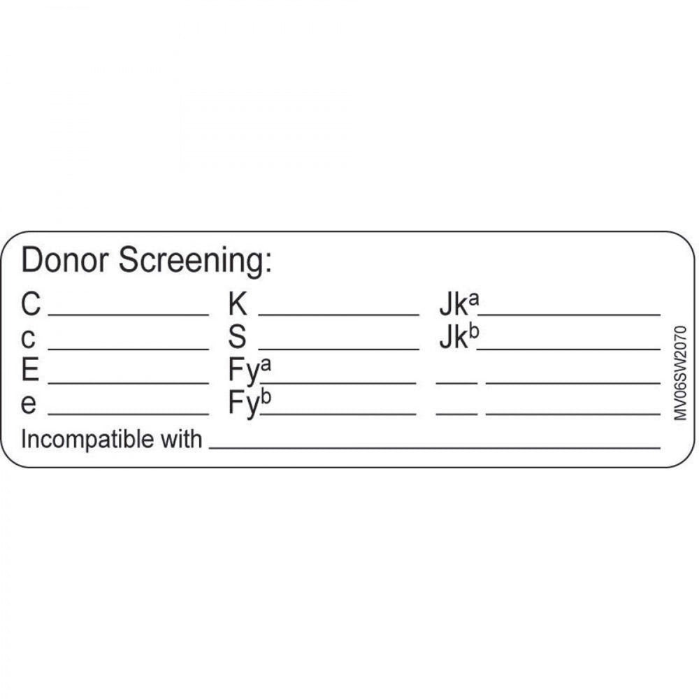 Label Paper Removable Donor Screening: 1" Core 2 15/16" X 1 White 333 Per Roll