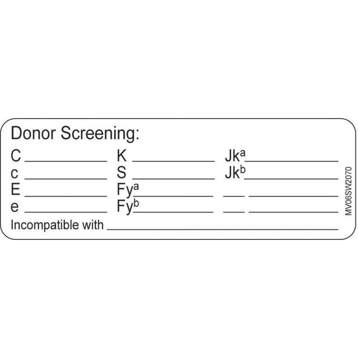 Label Paper Removable Donor Screening: 1" Core 2 15/16" X 1 White 333 Per Roll