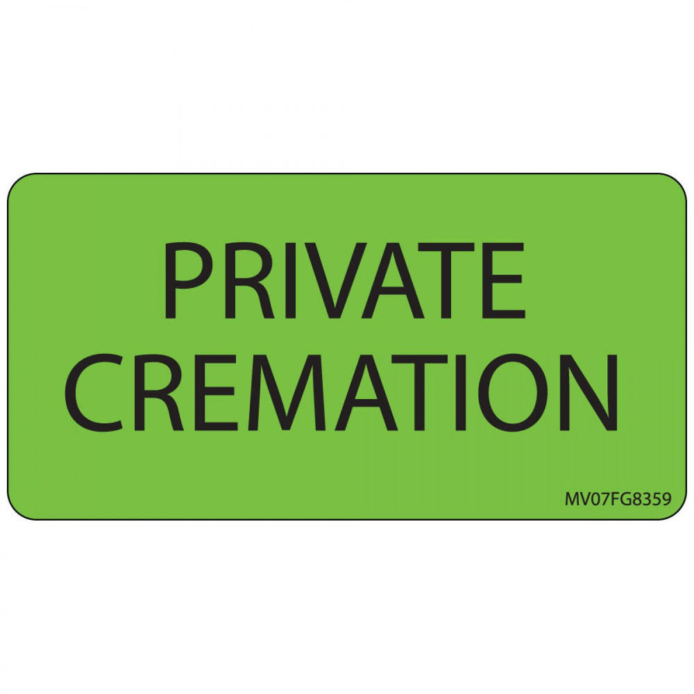 Label Paper Removable Private Cremation 1" Core 2 15/16" X 1 1/2" Fl. Green 333 Per Roll